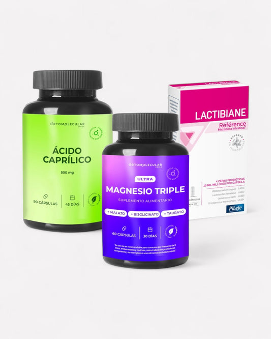 Pack que incluye acido caprilico para la información, magnesio triple de 60 cápsulas y lactibiene reference