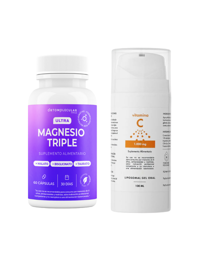 Pack compuesto por Ultra Magnesio Triple que contiene malato, bisclicinato y taurato. Junto a una vitamina C Liposomal en gel de 1000mg