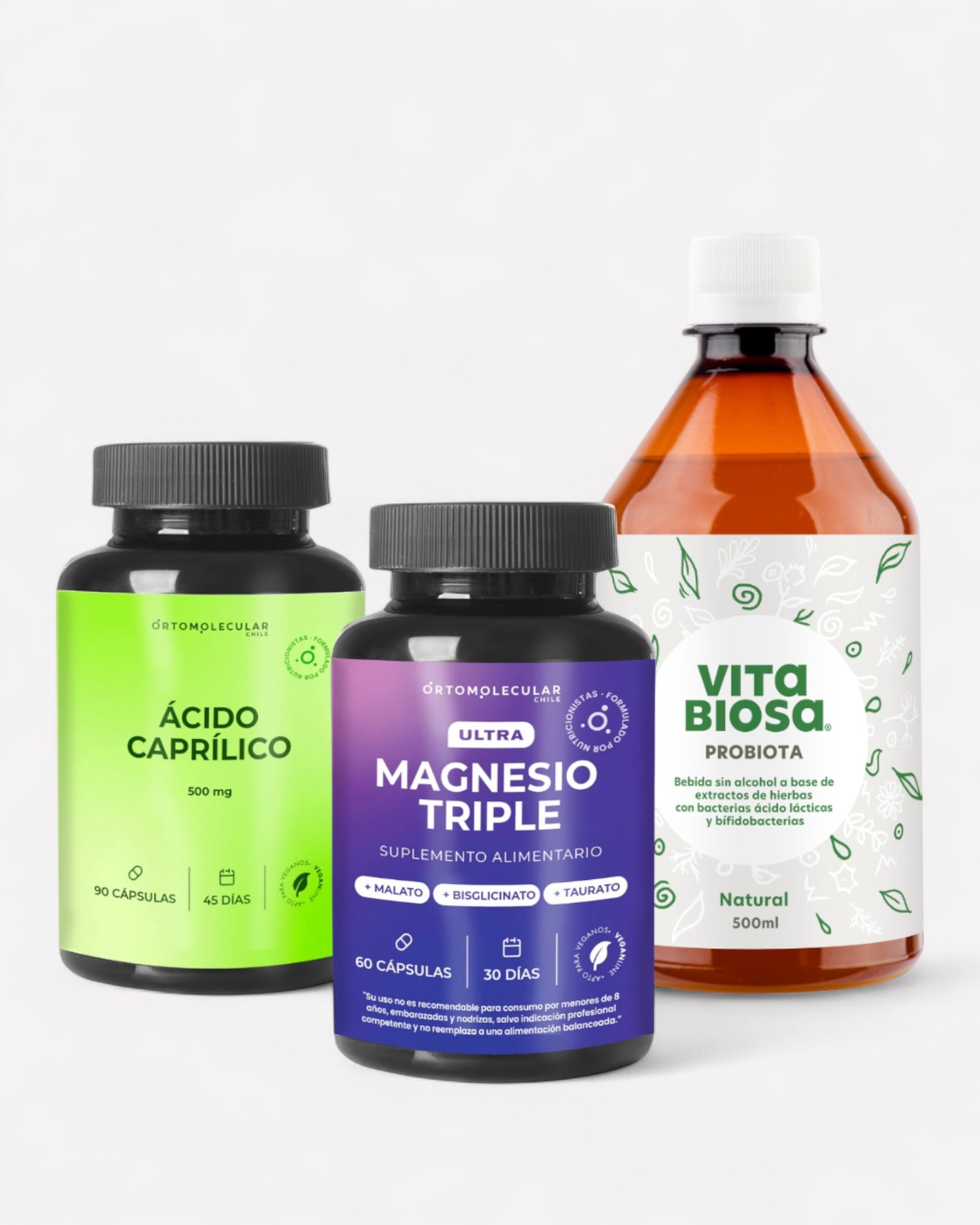 Pack para la microbiota que contiene acido caprilico marca ortomolecular chile, Magnesio triple ortomolecular chile y probiotico liquido Vitabiosa Probiota