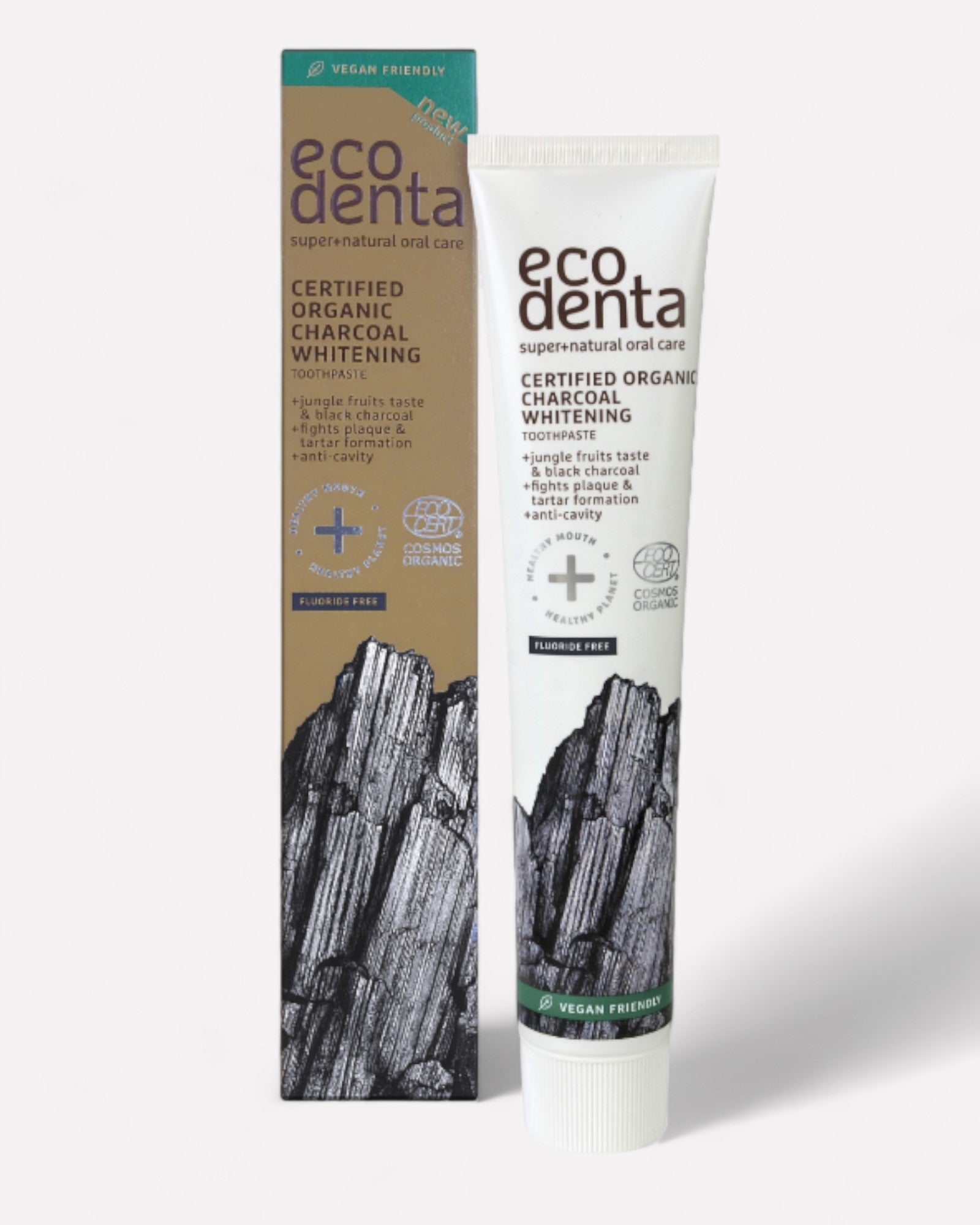 Tubo y caja de cartón de la pasta dental marca ECODENTA, certificada organica vegana, anti caries y blanqueadora con carbón activado