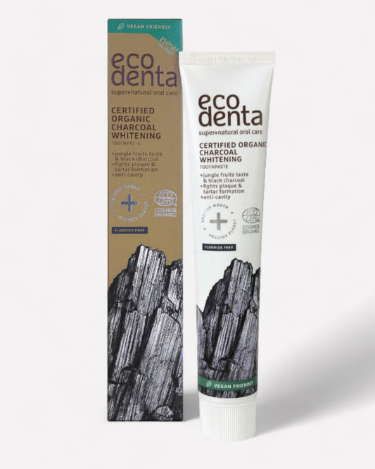 Tubo y caja de cartón de la pasta dental marca ECODENTA, certificada organica vegana, anti caries y blanqueadora con carbón activado