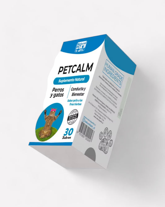 Caja de Petcalm, 30 sobres, perros y gatos, suplemento natural, Ortomolecular Chile 