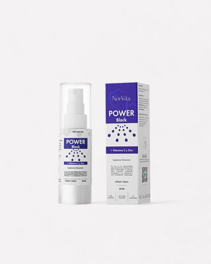 Power black es un suplemento que contiene Sauco, zinc y vitamina C. Ideal para resfrios y alergias ya que aumenta el sistema inmune. Formato spray oral