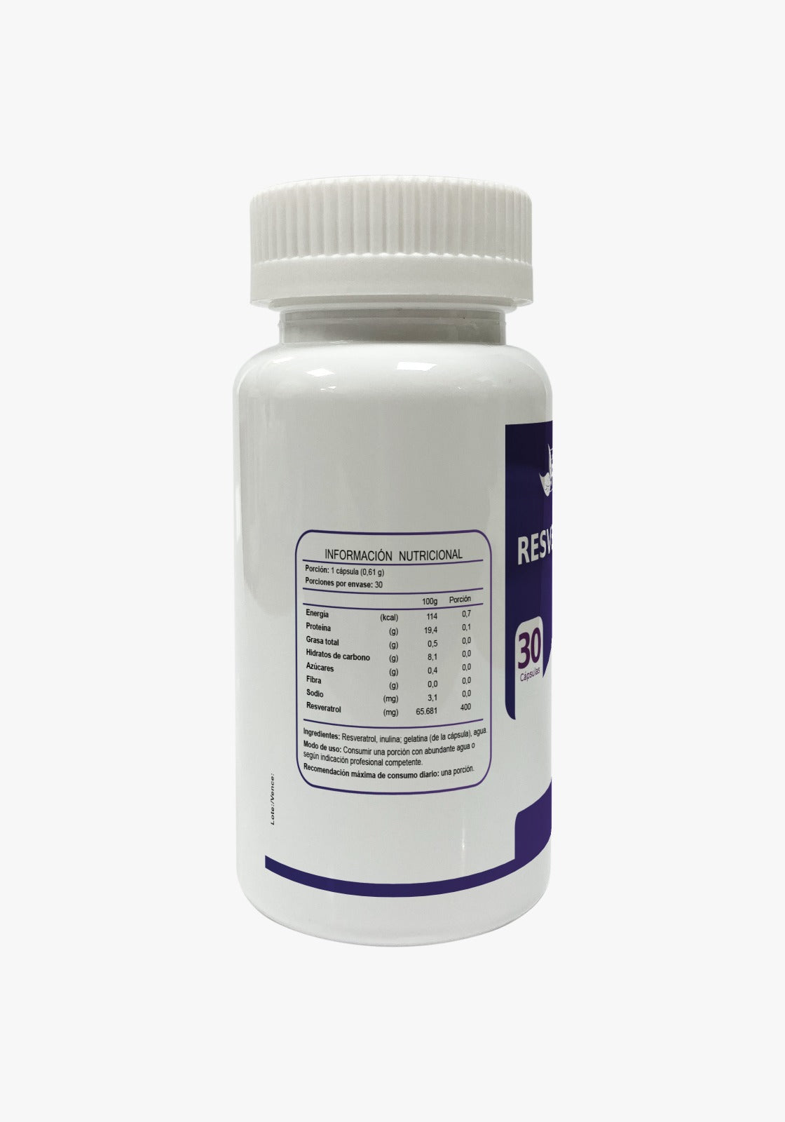Reverso de frasco de Resveratrol 400 mg con información nutricional y especificación de ingredientes, 30 cápsulas, Ortomolecular Chile 