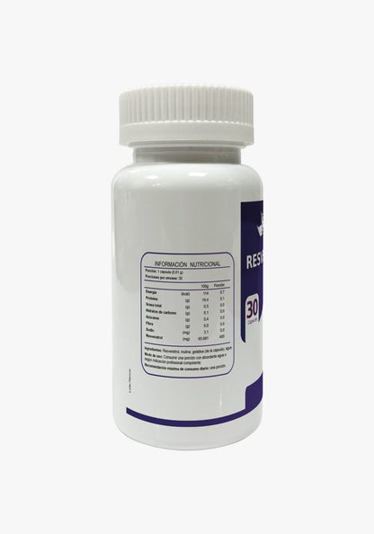 Reverso de frasco de Resveratrol 400 mg con información nutricional y especificación de ingredientes, 30 cápsulas, Ortomolecular Chile 