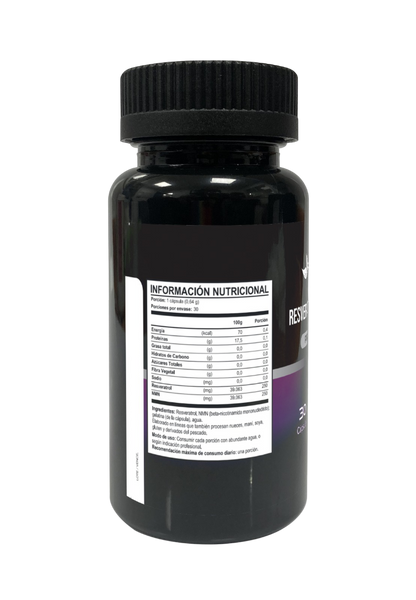 Reverso de frasco de Resveratrol + NMN con información nutricional y especificación de ingredientes, Ortomolecular Chile 