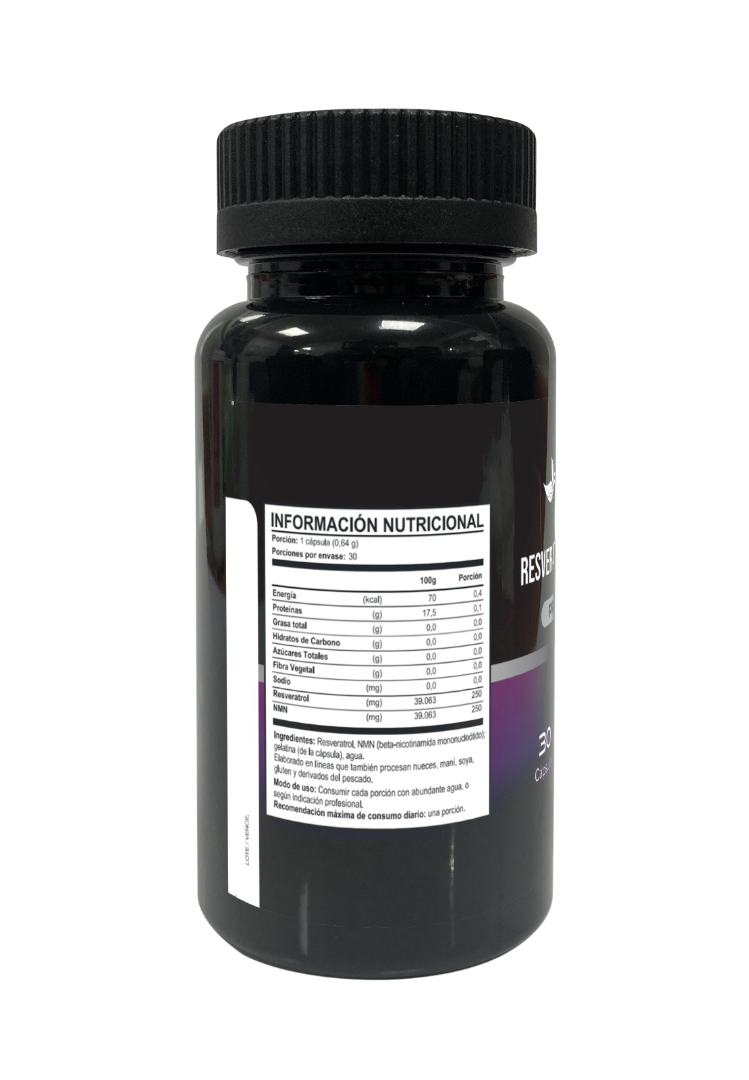 Reverso de frasco de Resveratrol + NMN con información nutricional y especificación de ingredientes, Ortomolecular Chile 