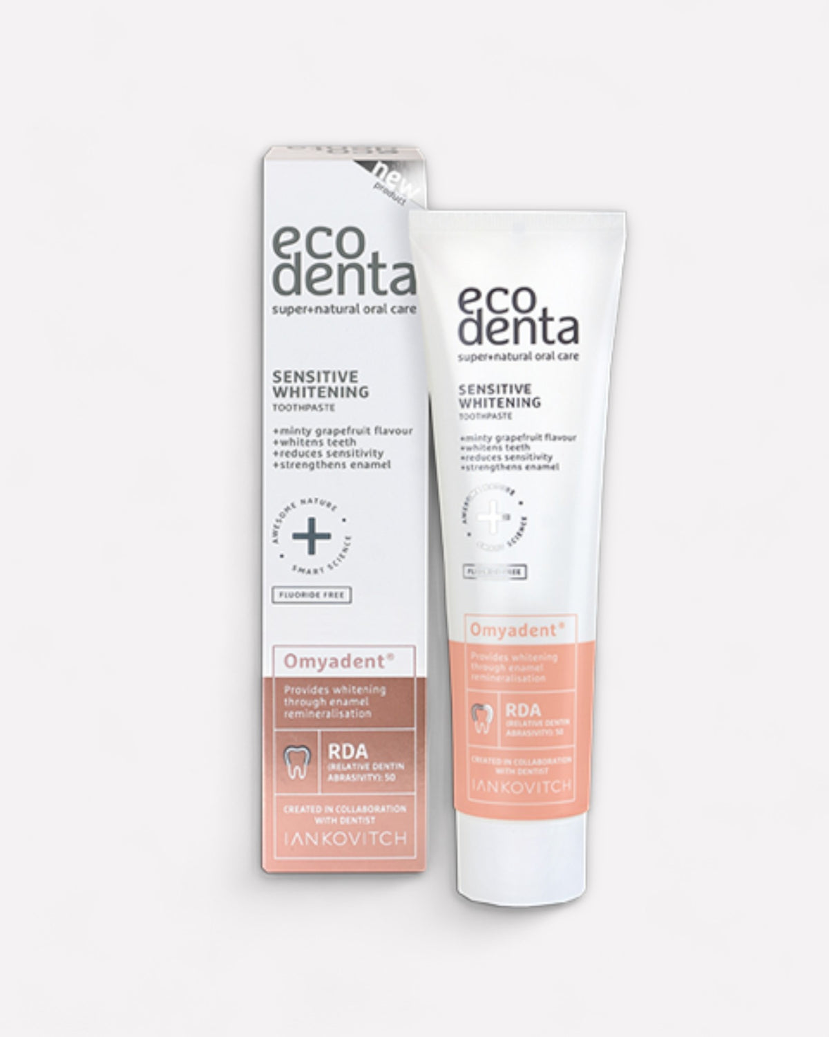 Ecodenta sensitive whitening, pasta dental para dientes sensibles, s emuestra el tubo y la caja 