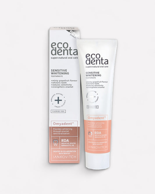 Ecodenta sensitive whitening, pasta dental para dientes sensibles, s emuestra el tubo y la caja 