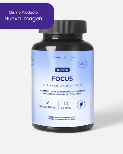 Frasco Ultra Focus mismo producto nueva imagen 60 cápsulas para 30 días, Ortomolecular Chile