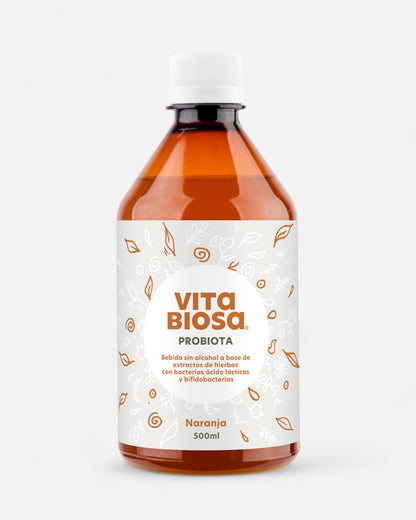 Probiotico, postbiotico y 19 hierbas medicinales en formato liquido sabor naranja, sin saborizantes artificiales, sin azucar añadida, libre de gluten