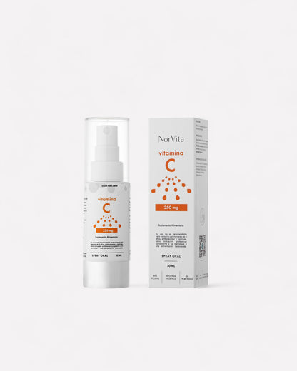 Frasco y caja de Vitamina C en spray oral de Norvita 250mg