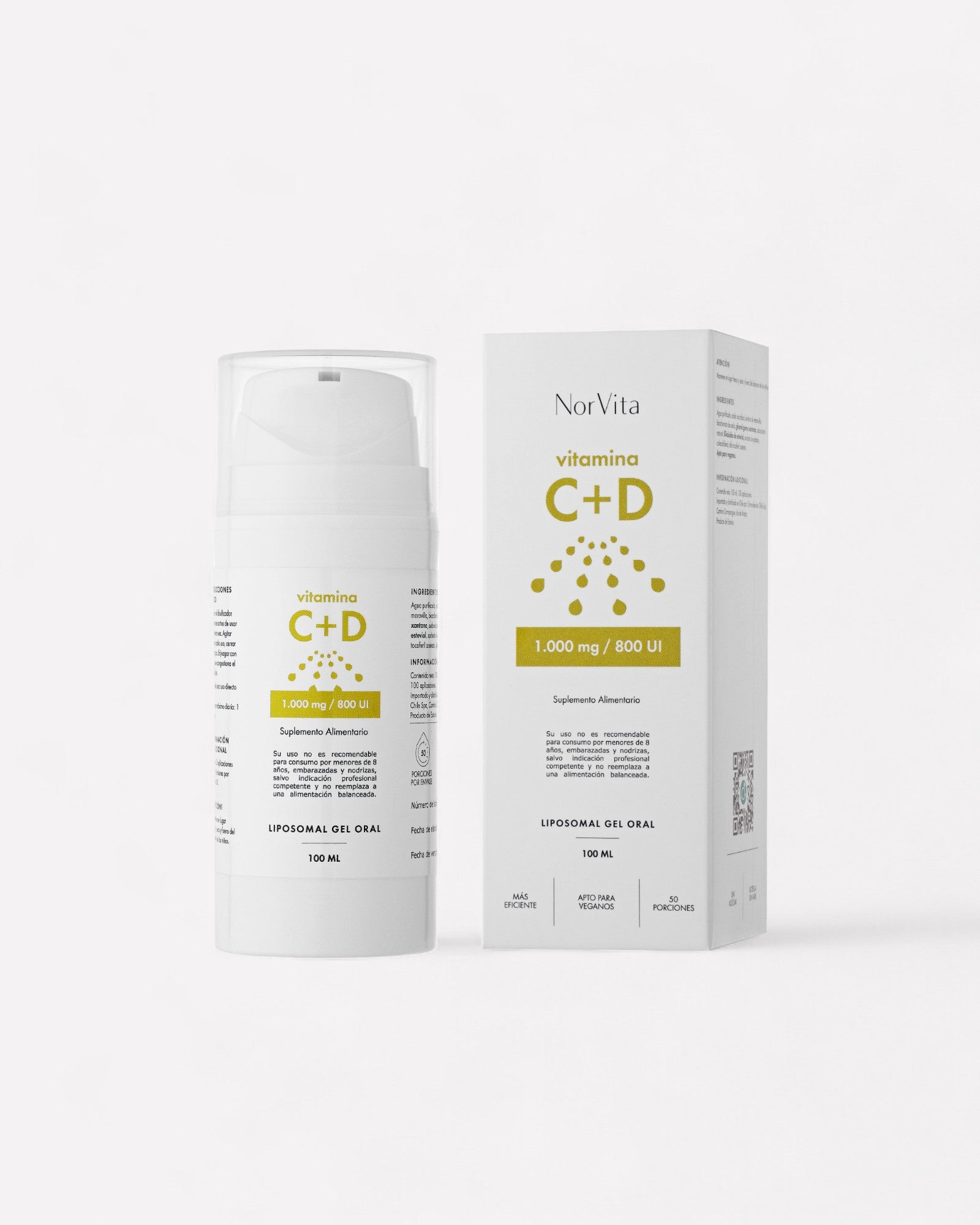 Frasco y caja de Vitamina C+D liposomal en gel oral de norvita, solo en Ortomolecualr Chile