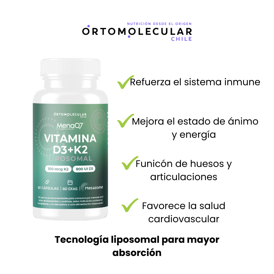 Vitamina d3+k2 liposomal k2 mena q7, frasco alcanza para 2 mesesVitamina d3+k2 menaq7 liposomal 60 capsulas ortomolecularchile 800UI 100mcg K2