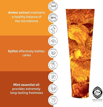 Pasta dental blanqueadora con extracti de ambar, aprovado por dentistas, vegano, aliento fresco, sin fluor, ingredientes naturales