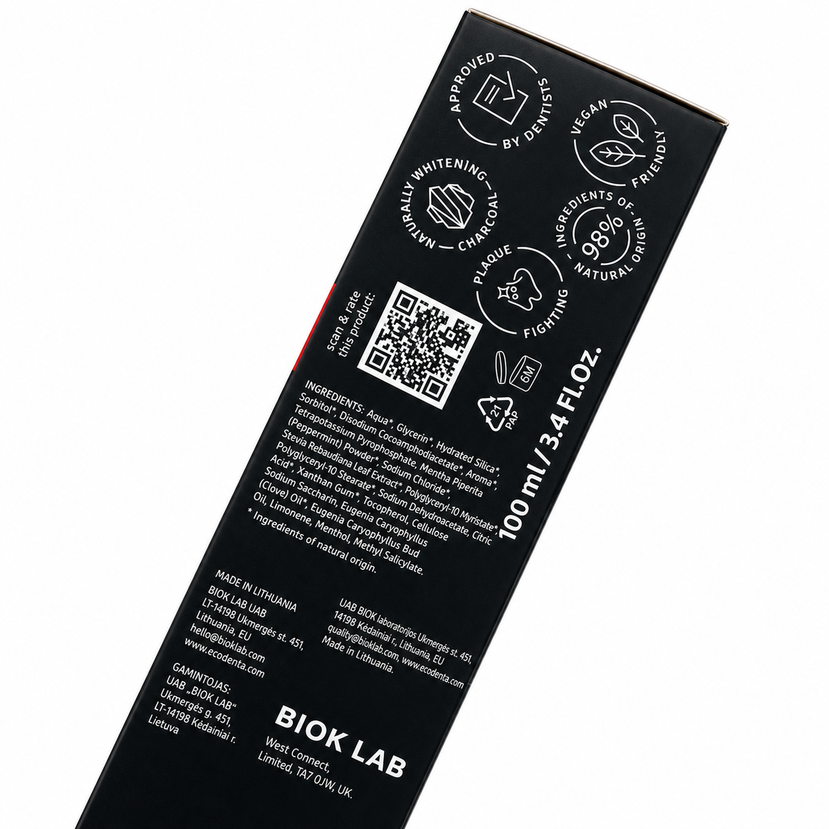 pasta dental de carbon activado con canela, vegano, aprovado por dentistias, ingredientes 99% de origen natural, antiplaca, blanqueamiento natural, sin fluor