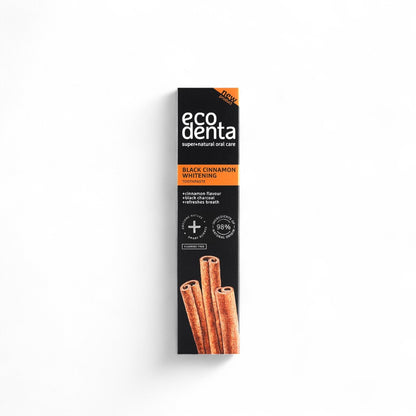 pasta dental de carbon activado con canela, vegano, aprovado por dentistias, ingredientes 99% de origen natural, antiplaca, blanqueamiento natural, sin fluor
