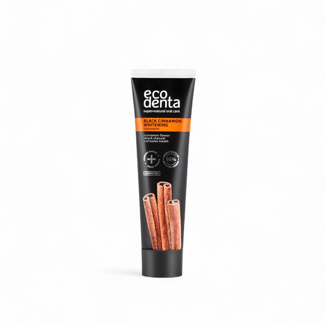pasta dental de carbon activado con canela, vegano, aprovado por dentistias, ingredientes 99% de origen natural, antiplaca, blanqueamiento natural, sin fluor