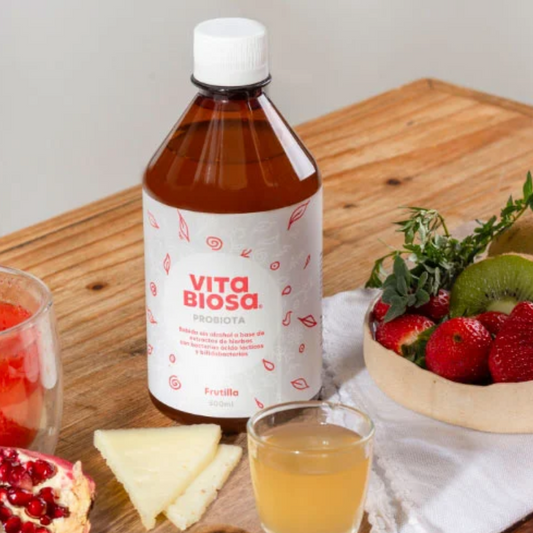 Probiotico, prebiotico y posbiotico liquido de formula danesa. Libre de gluten, lacteos y sin azucar añadida. Sabor frutilla