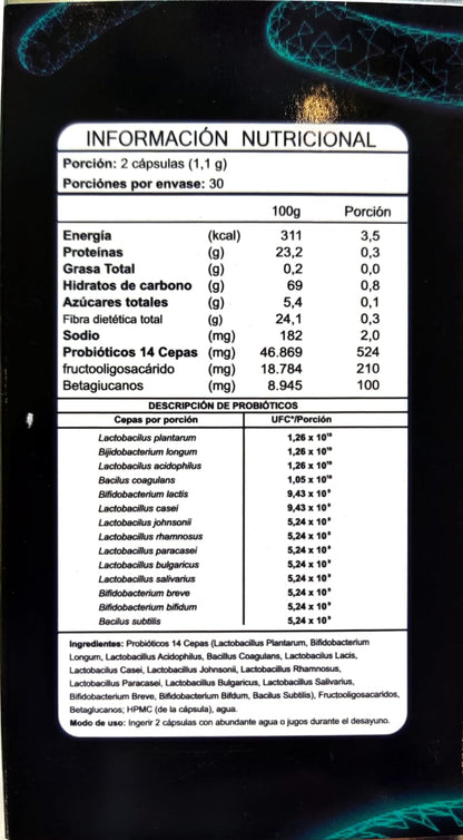 Información nutricional de Biotics (pre y probióticos) de 60 cápsulas con especificación de ingredientes, Ortomolecular Chile 