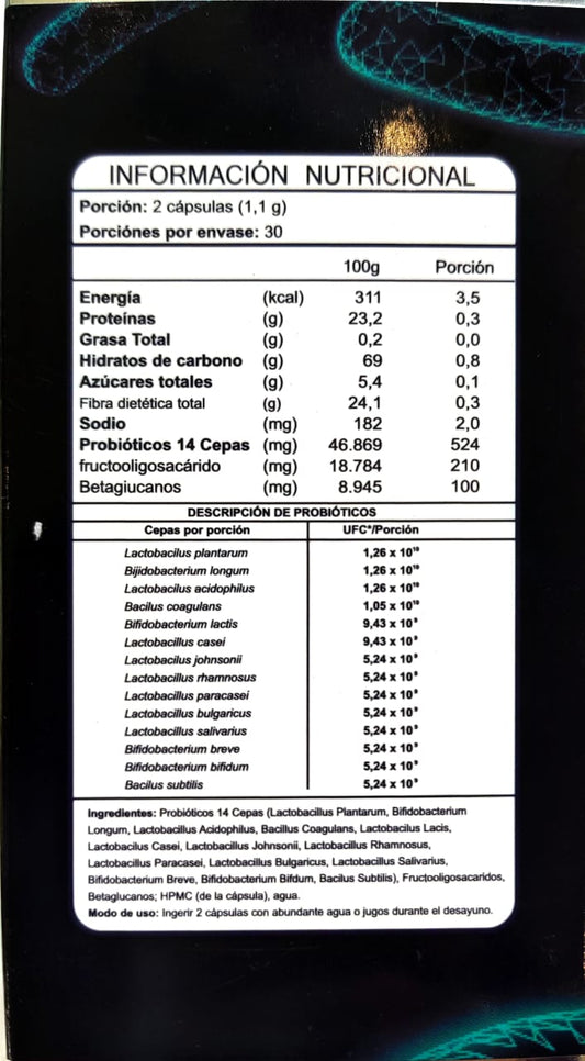 Información nutricional de Biotics (pre y probióticos) de 60 cápsulas con especificación de ingredientes, Ortomolecular Chile 