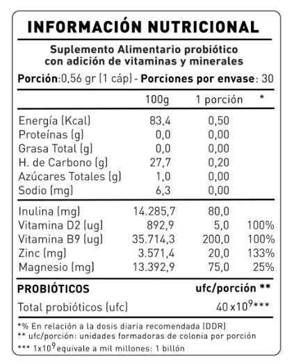 Información nutricional de NUP! Pylori Off, 30 cápsulas, con especificación de ingredientes, Ortomolecular Chile 