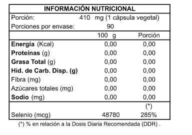 Información nutricional Selenio 200 mcg, 90 cápsulas, Ortomolecular Chile 