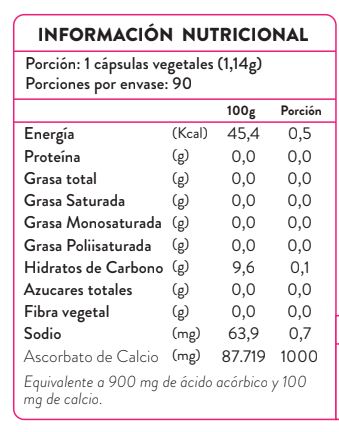 Información nutricional de Vitamina C neutra 1.000 mg, 90 cápsulas, Ortomolecular Chile 
