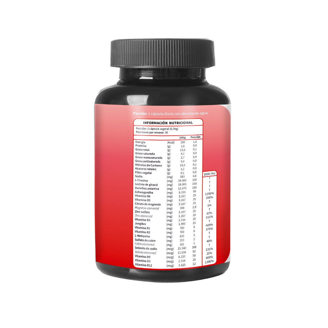 Reverso de frasco Ultra Support, 30 cápsulas, con información nutricional y especificación de ingredientes, Ortomolecular Chile 